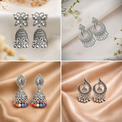 Ishq E Jhumka Oxidized Metal Designer Earring Set of 12 with Folding Jewelry Box | Minimalist & Traditional Jhumka Set for Womens & Girls