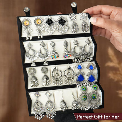Ishq E Jhumka Oxidized Metal Designer Earring Set of 12 with Folding Jewelry Box | Minimalist & Traditional Jhumka Set for Womens & Girls