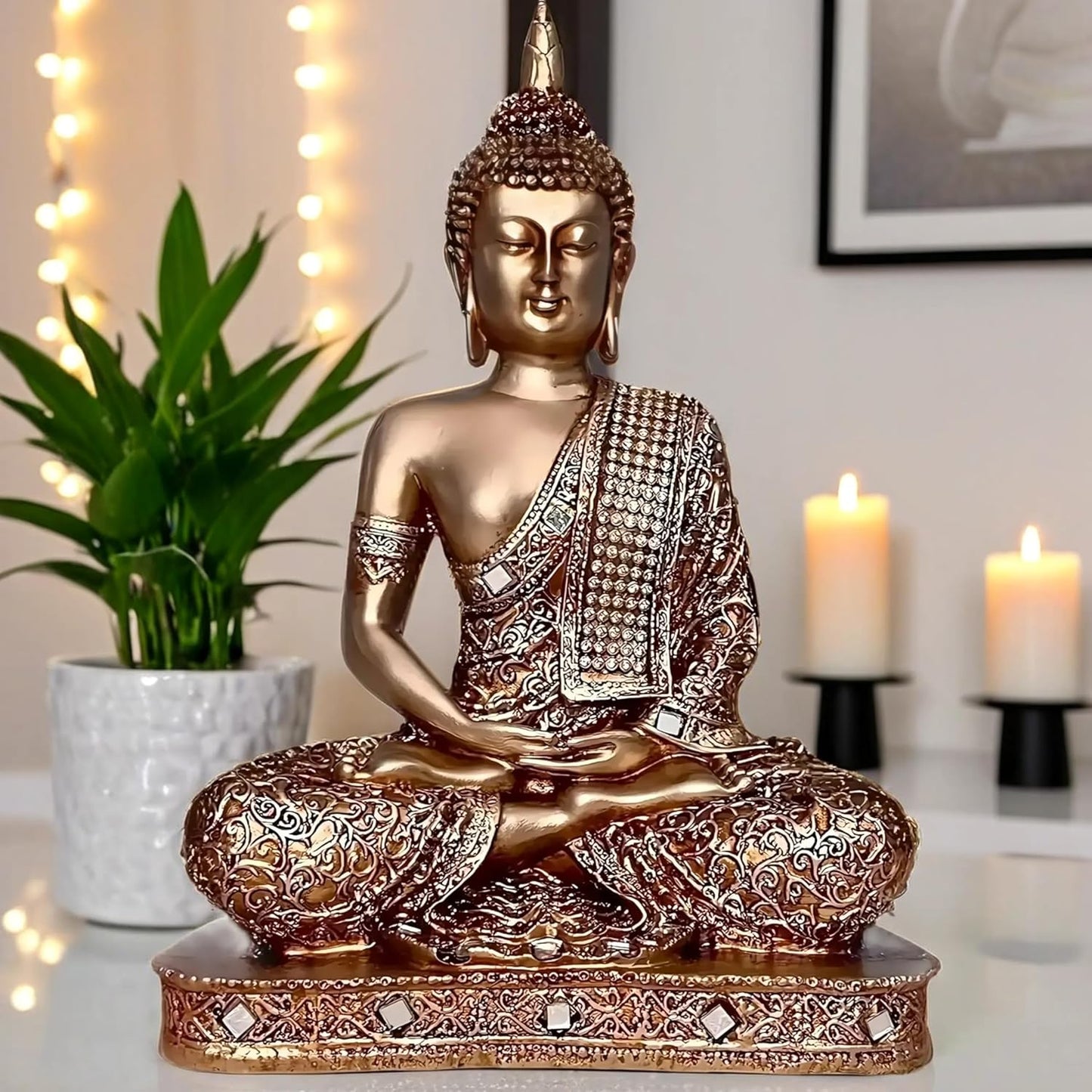 Global Grabbers New 25 Centimetre Meditating Sitting Buddha Statue showpiece Idol Home Decor Items for Living Room and Gifts (Golden2)