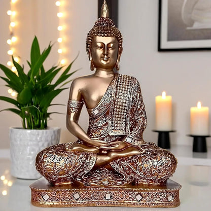 Global Grabbers New 25 Centimetre Meditating Sitting Buddha Statue showpiece Idol Home Decor Items for Living Room and Gifts (Golden2)