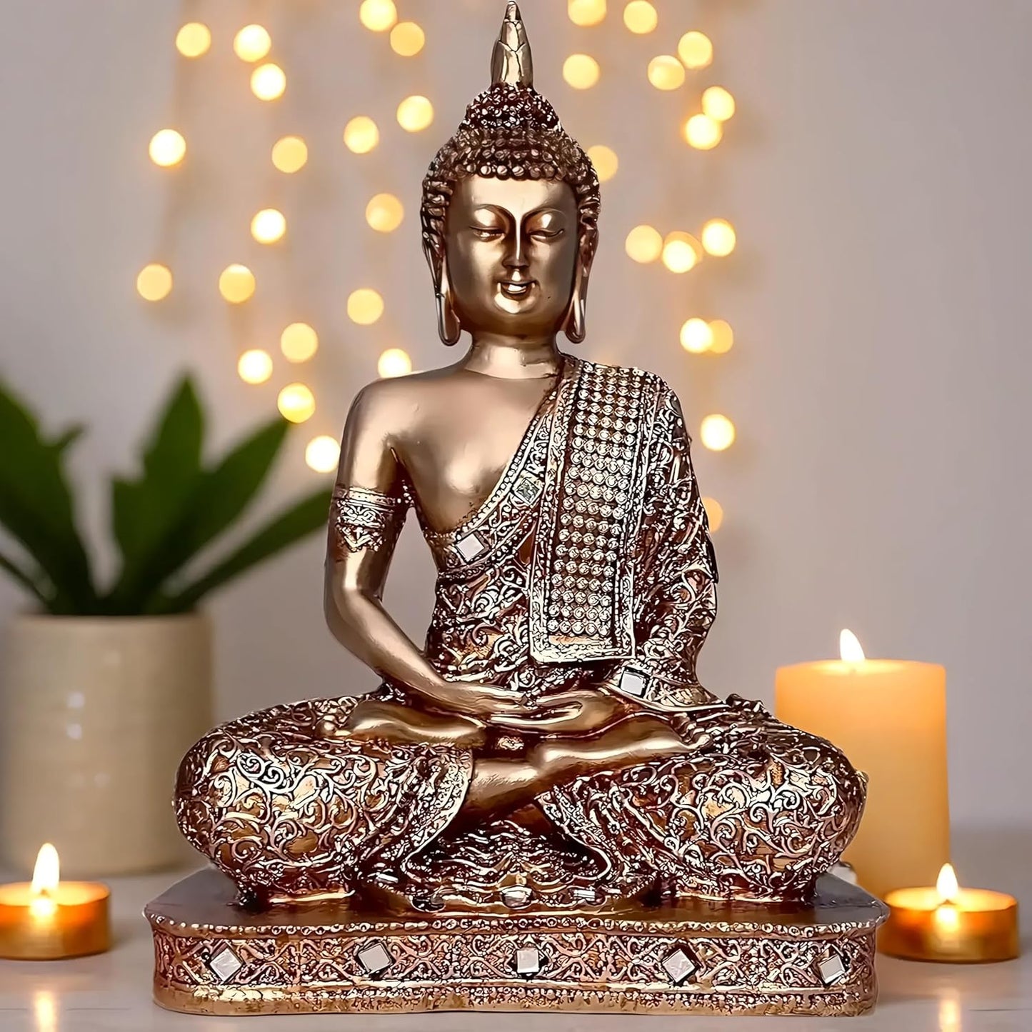 Global Grabbers New 25 Centimetre Meditating Sitting Buddha Statue showpiece Idol Home Decor Items for Living Room and Gifts (Golden2)