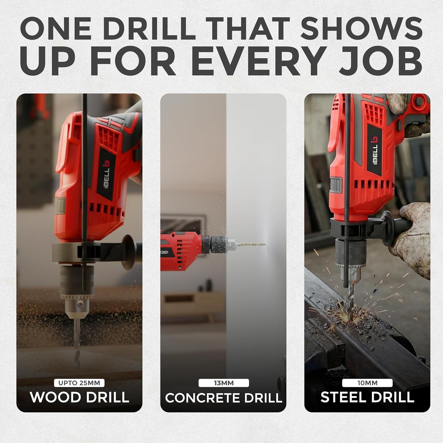 IBELL Professional Tool Kit with Impact Drill TD13-85, 650W, Copper Armature, Chuck 13mm, 59 Home Essential Tools/Accessories with RED/BLACK BMC box
