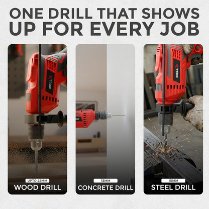 IBELL Professional Tool Kit with Impact Drill TD13-85, 650W, Copper Armature, Chuck 13mm, 59 Home Essential Tools/Accessories with RED/BLACK BMC box