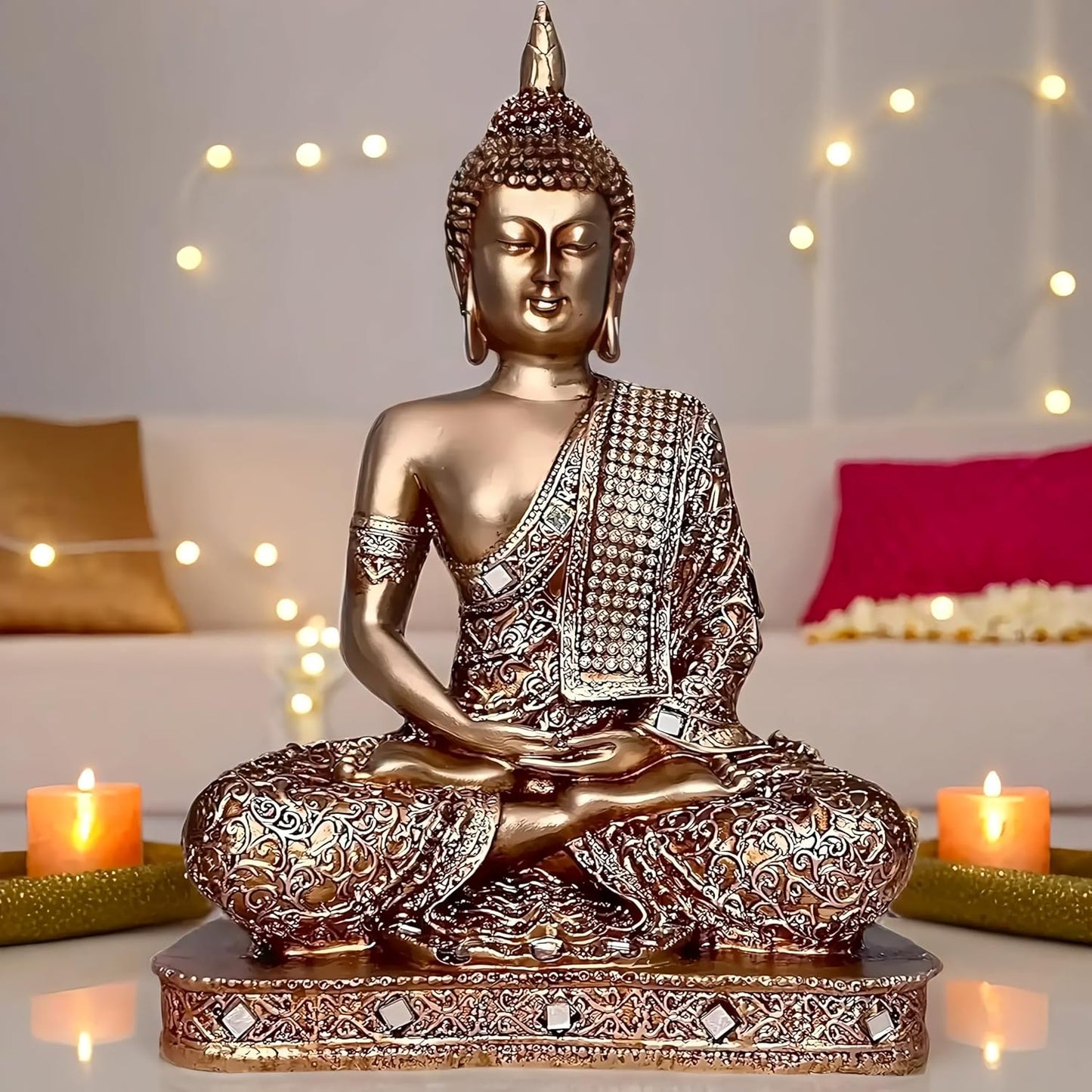 Global Grabbers New 25 Centimetre Meditating Sitting Buddha Statue showpiece Idol Home Decor Items for Living Room and Gifts (Golden2)