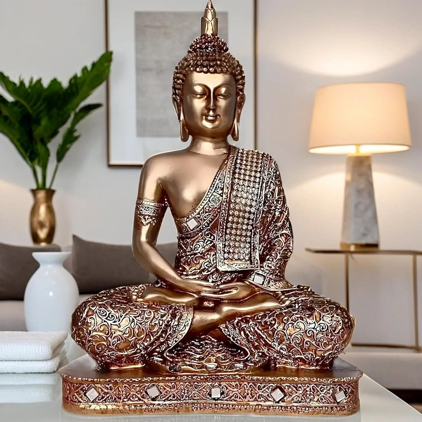 Global Grabbers New 25 Centimetre Meditating Sitting Buddha Statue showpiece Idol Home Decor Items for Living Room and Gifts (Golden2)